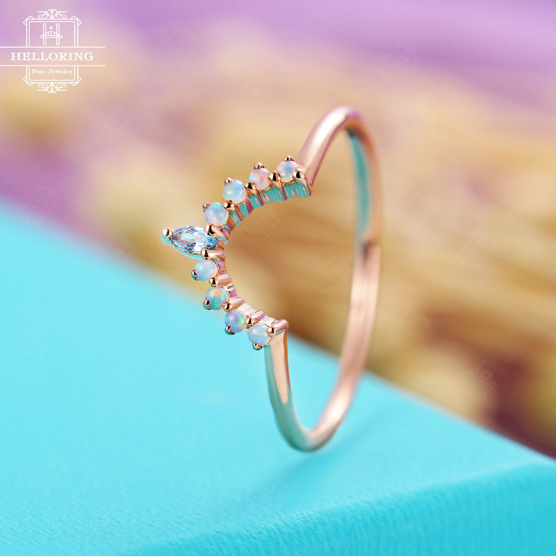 Curved wedding band Rose gold with marquise cut London blue topaz and Round opal Matching Stacking jewelry for Women Unique Anniversary gift