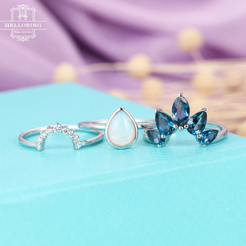 Opal engagement ring White gold Marquise London blue topaz Diamond wedding band Women Pear Unique Curved Bridal set Jewelry Anniversary gift