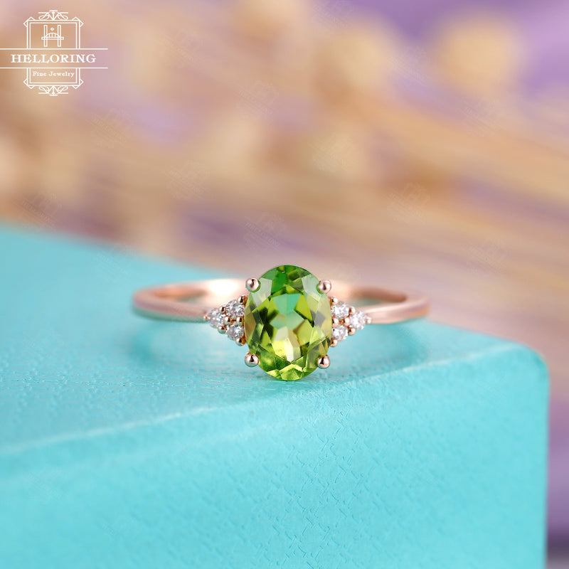 Peridot engagement ring Unique engagement ring Women Wedding Diamond Halo set Bridal Jewelry Promise Anniversary gift for her