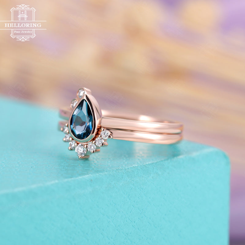 London blue topaz engagement ring Rose gold Diamond wedding band Women Pear shaped Curved Vintage Unique Bridal set Jewelry Anniversary gift
