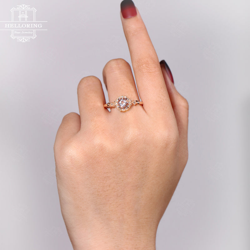 Morganite Engagement Ring, Round ,Vintage Rose Gold diamond wedding ring, Women Flower, milgrain, Art deco Jewelry Anniversary gift