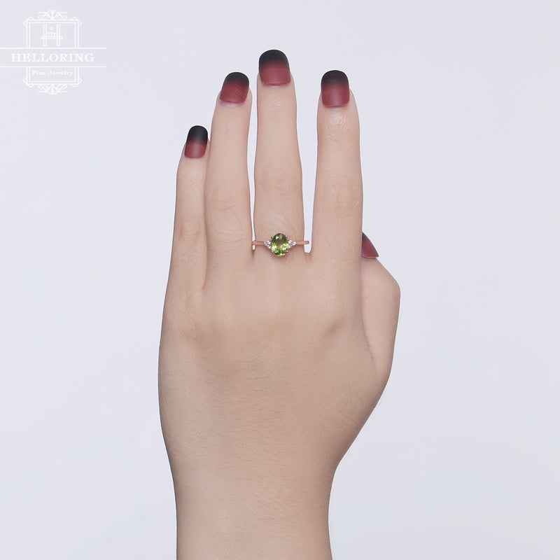 Peridot engagement ring Unique engagement ring Women Wedding Diamond Halo set Bridal Jewelry Promise Anniversary gift for her