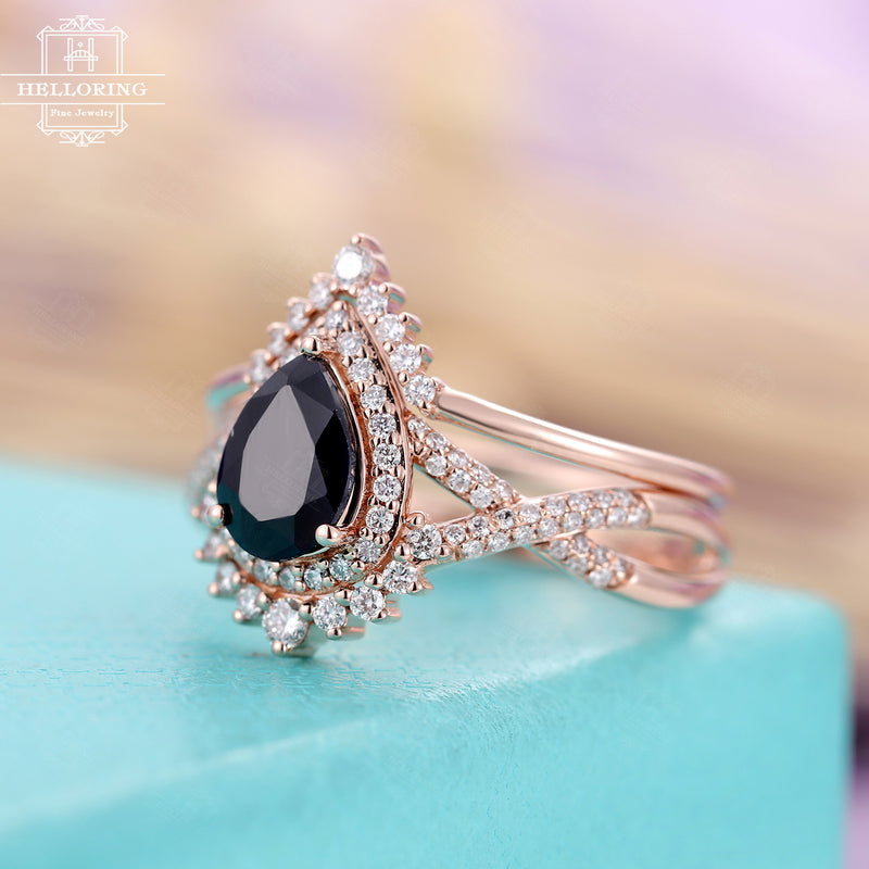 Vintage Black sapphire engagement ring set, Pear shaped, moissanite curved wedding band