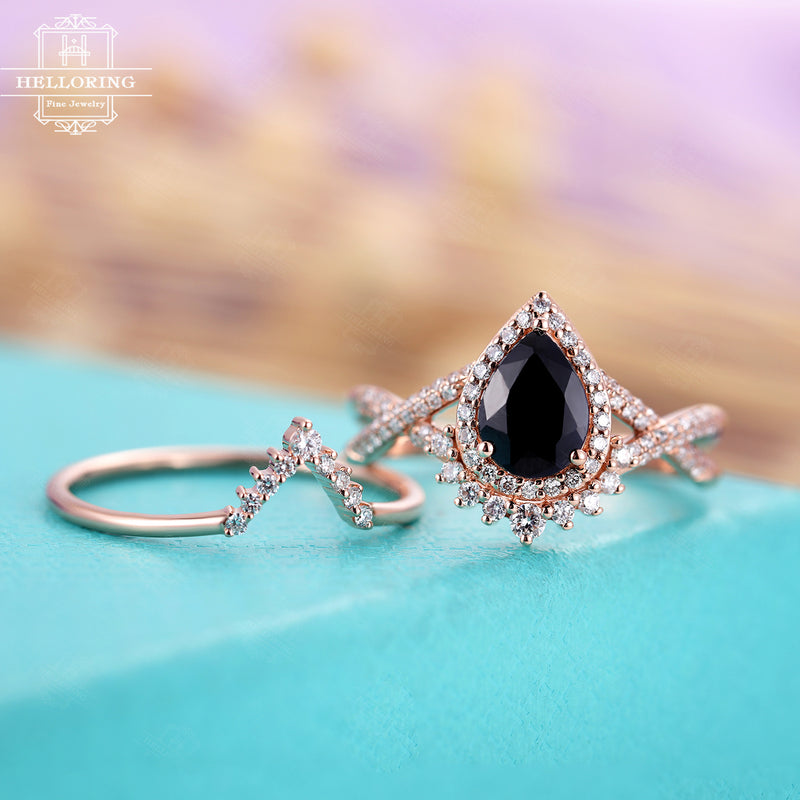 Vintage Black sapphire engagement ring set, Pear shaped, moissanite curved wedding band