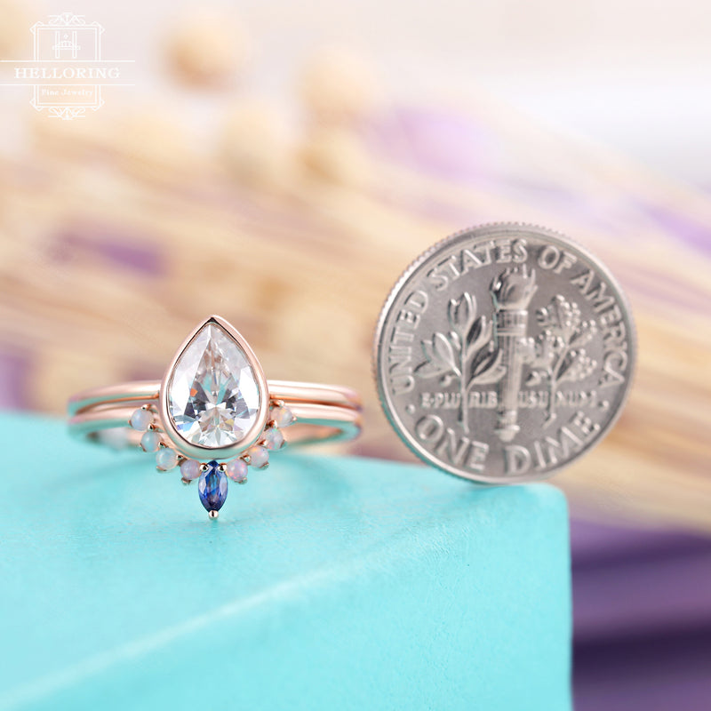 Vintage Moissanite Engagement ring set,Pear shaped ring rose gold, Opal, Marquise cut, sapphire wedding band,