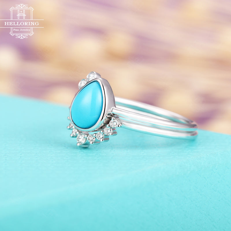 Turquoise engagement ring set women Pear Shaped White gold Diamond wedding band Curved Unique Simple Jewelry Anniversary gift for her