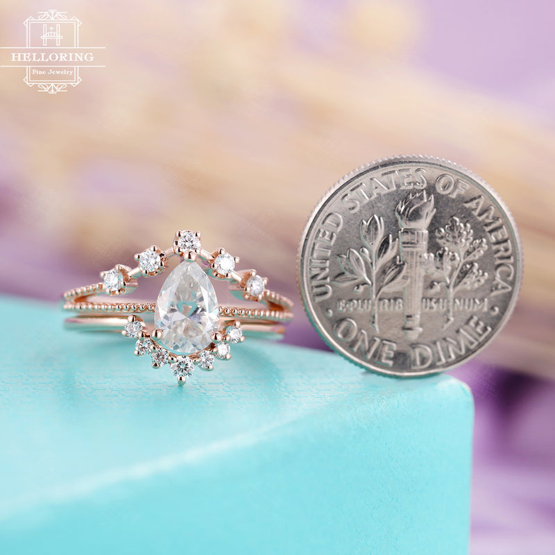 Rose gold engagement ring set women,Pear shaped moissanite,gift for her,Vintage Milgrain ring, Curved diamond wedding band, Anniversary gift