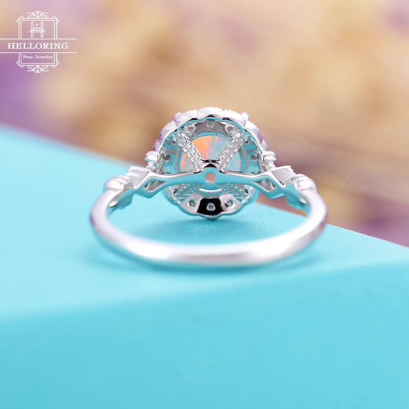 Vintage Opal Engagement ring White gold Women,unique floral wedding ring Halo diamond, milgrain bridal jewelryAnniversary Gifts for her