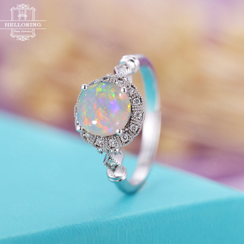 Vintage Opal Engagement ring White gold Women,unique floral wedding ring Halo diamond, milgrain bridal jewelryAnniversary Gifts for her