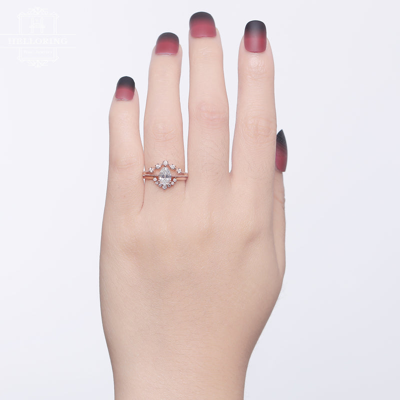 Rose gold engagement ring set women,Pear shaped moissanite,gift for her,Vintage Milgrain ring, Curved diamond wedding band, Anniversary gift