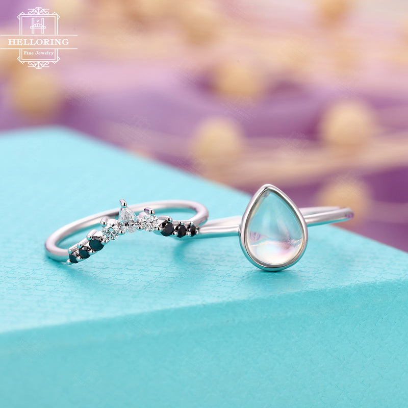 Moonstone Engagement ring Pear shaped Unique black diamond band women Diamond wedding ring Anniversary Vintage Promise jewelry Bridal set