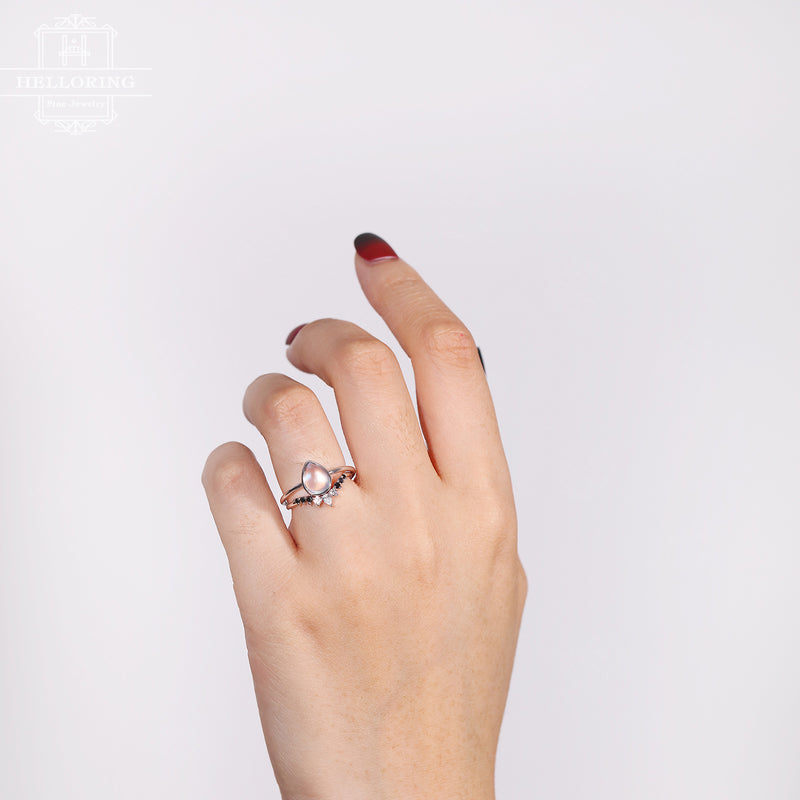 Moonstone Engagement ring Pear shaped Unique black diamond band women Diamond wedding ring Anniversary Vintage Promise jewelry Bridal set