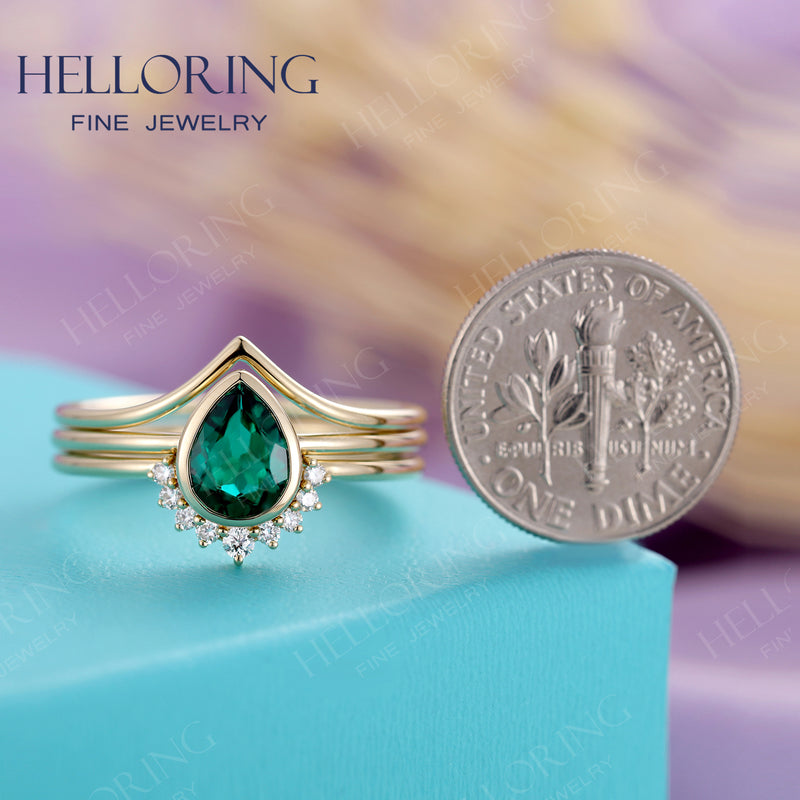 Pear Shaped Emerald Engagement Ring set Yellow gold diamond wedding band bezel set Birthstone bridal set women Anniversary gift for her