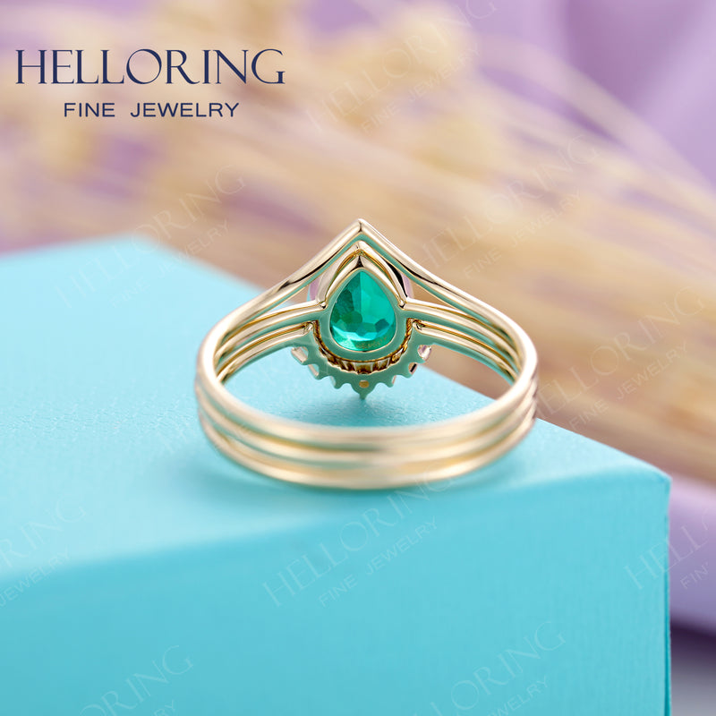 Pear Shaped Emerald Engagement Ring set Yellow gold diamond wedding band bezel set Birthstone bridal set women Anniversary gift for her