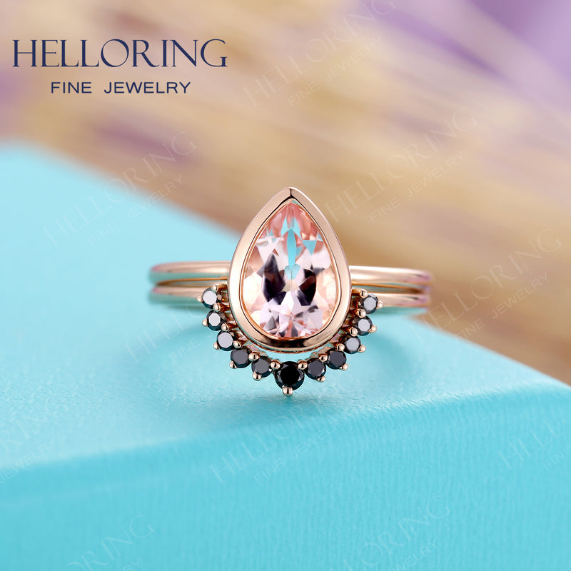 Pear shaped Morganite engagement ring set rose gold Curved wedding band Women Black diamond Unique jewelry Anniversary gift for her