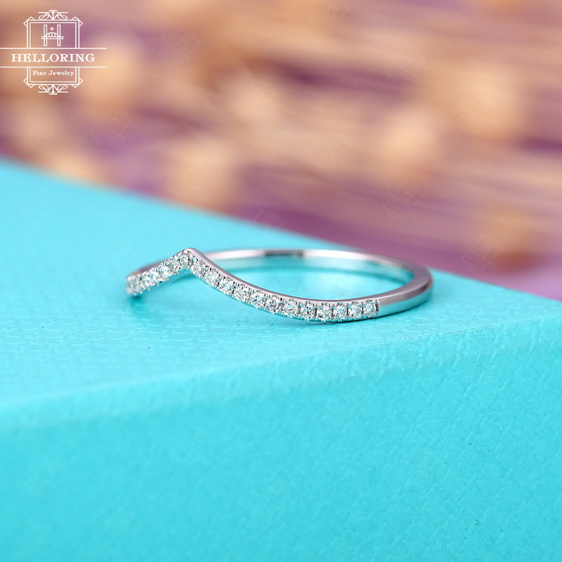 Curved wedding band diamond women,delicate matching ring chevron,half eternity stacking jewelry,Anniversary gifts for her promise micro pave