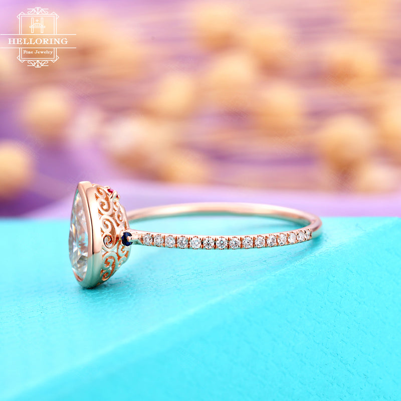 Vintage Moissanite Engagement ring, delicate sapphire ruby rose gold ring for women