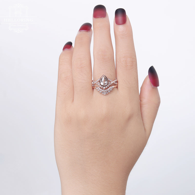 Vintage Rutilated quartz engagement ring set, Solid Rose gold, Art deco Antique Diamond Twisted Wedding Women Bridal Jewelry Promise Gift