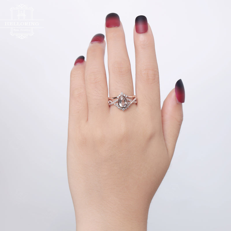 Vintage Rutilated quartz engagement ring set, Pear shaped, diamond/Moissanite twisted band women,Rose Gold Bridal set, Anniversary gift