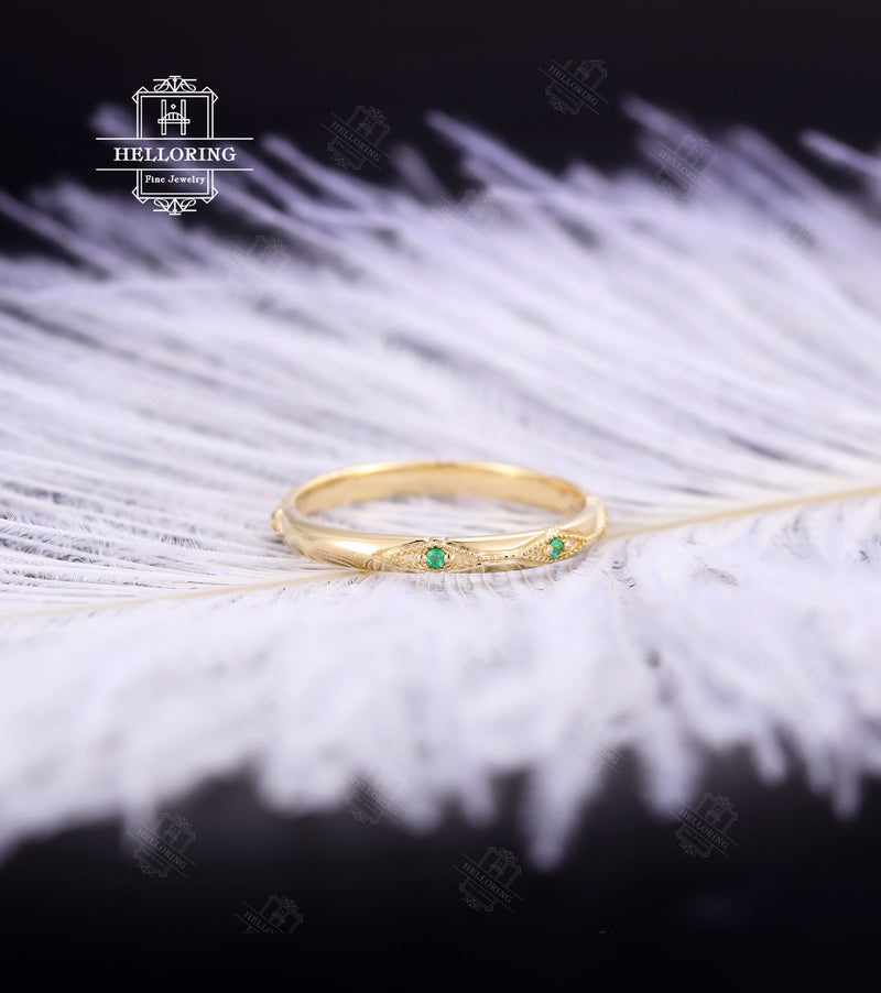 Vintage Emerald wedding band Rose Gold ring for Women, vintage milgrain wedding band