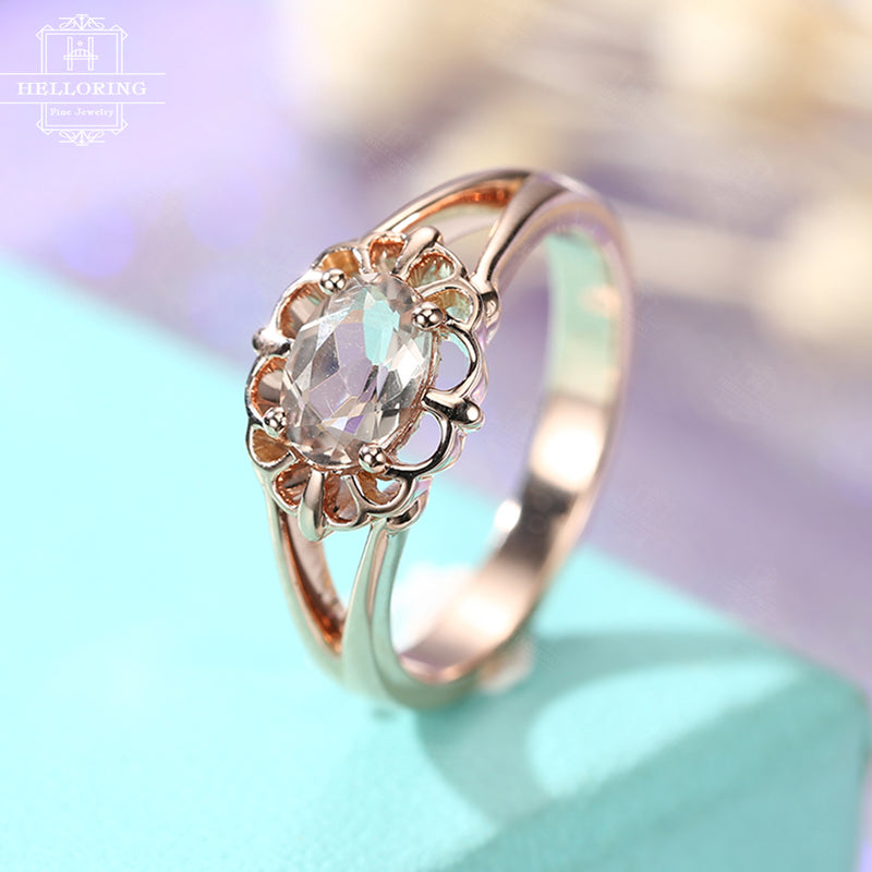 Morganite Engagement Ring Rose gold Vintage engagement ring Women Wedding Antique Solitaire Oval cut Bridal Jewelry Anniversary gift for her