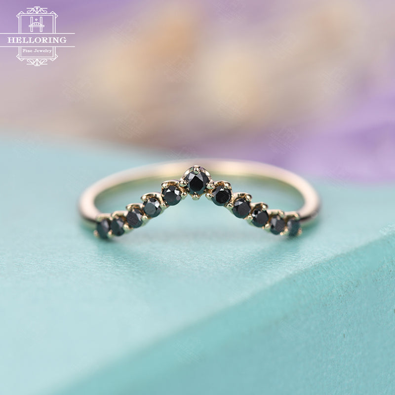 Black Diamond ring Curved wedding band women Unique Chevron Vintage Matching Stacking Promise Bridal set Jewelry Anniversary gift for her