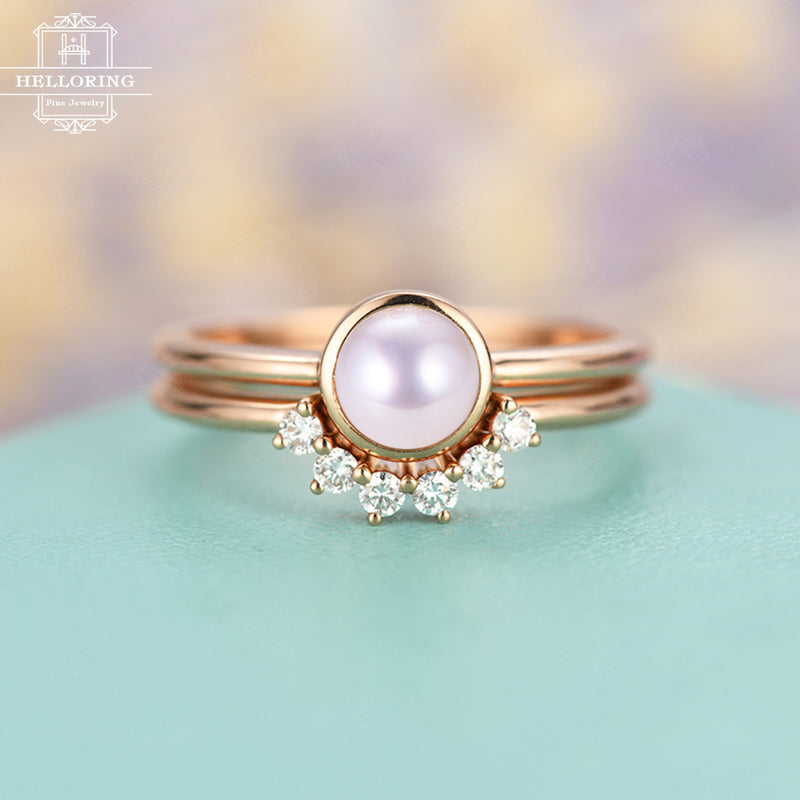 Pearl engagement ring Rose gold Curved Wedding band Women Diamond Unique Simple Bridal Jewelry Stacking Matching Anniversary gift for her