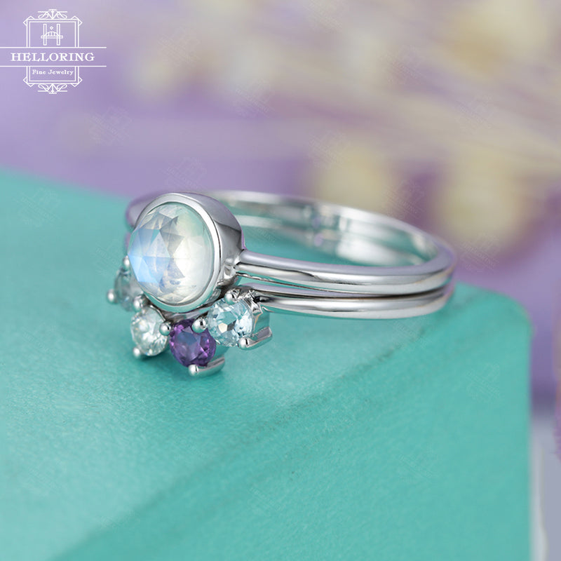 Moonstone engagement ring Curved wedding band Aquamarine Moissanite Amethyst Rose cut Bridal set Jewelry Anniversary gift for her Stacking