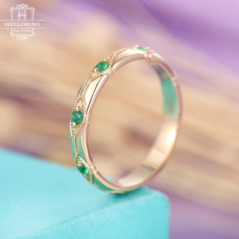Vintage Emerald wedding band, 3mm Gold band, Unique Bridal Jewelry Art Deco Stacking Engrave antique Birthstone Alternative Promise Gift