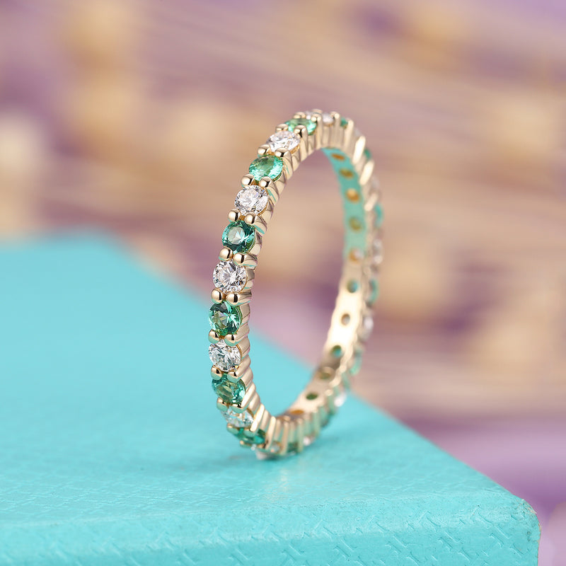 Emerald wedding band Diamond Eternity ring 14k gold bridal Pave Dainty Stacking Matching Woman Anniversary Promise gift for her