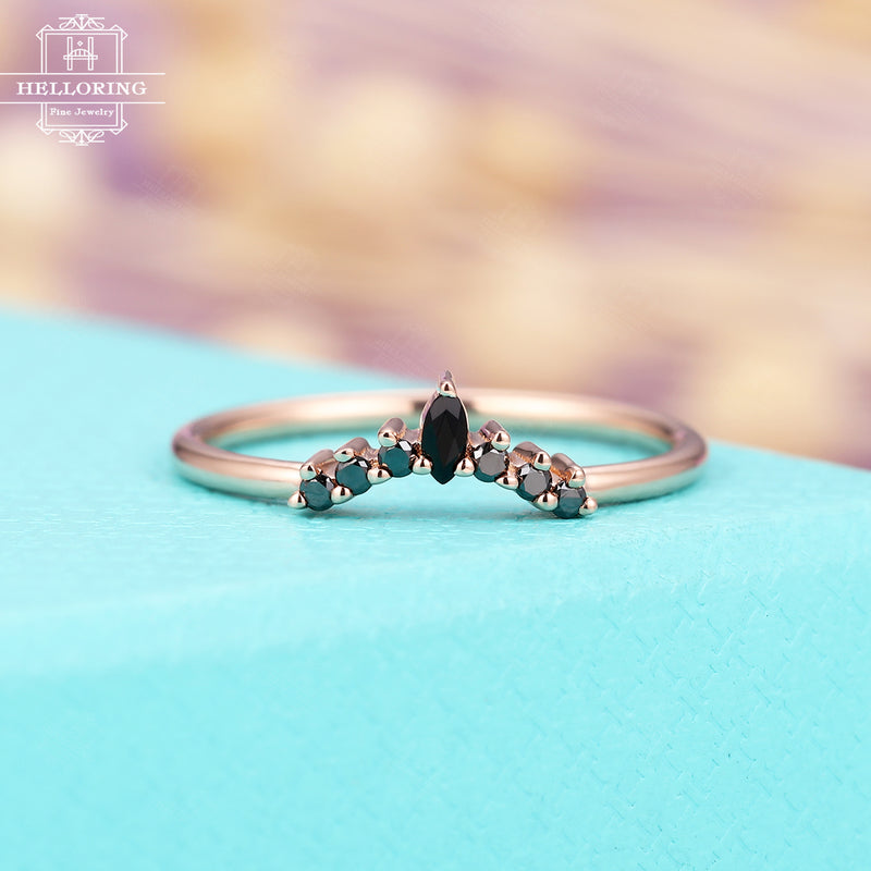 Black onyx Black diamond curved wedding band Women Marquise cut Unique Delicate Jewelry Bridal Matching Anniversary Birthday gift for her