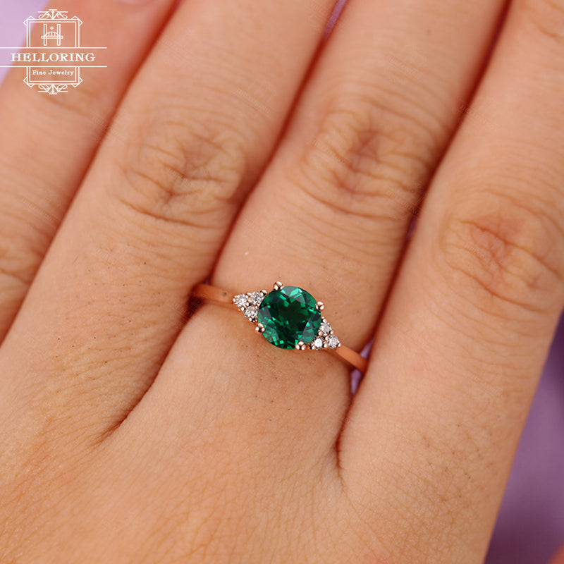 Emerald Engagement ring Rose gold Women Wedding Cluster Diamond Unique Jewelry Bridal Simple Anniversary gift for her Seven stones Prong set