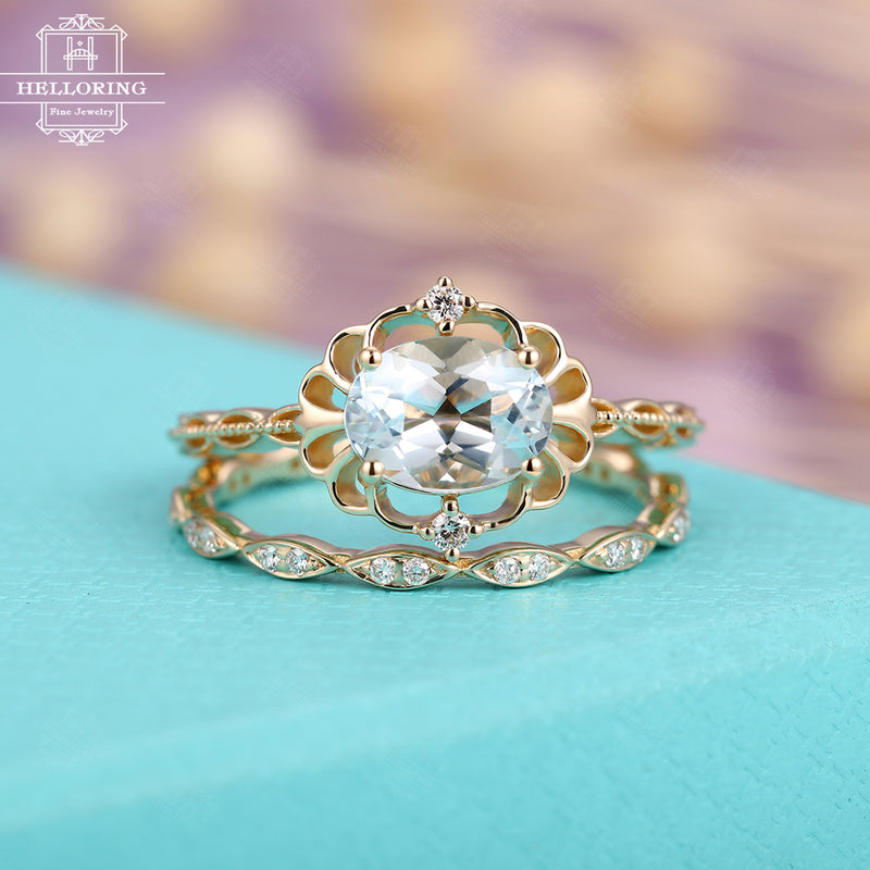 Aquamarine Engagement Ring set art deco Vintage engagement ring Rose Gold oval Wedding Women antique birthstone Bridal stacking anniversary