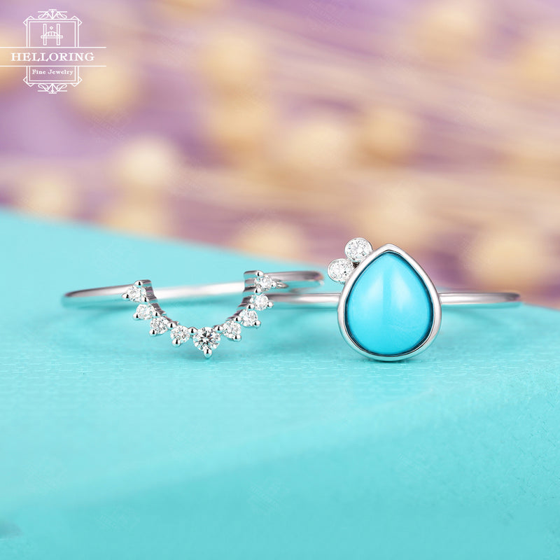 Turquoise engagement ring set women Pear Shaped White gold Diamond wedding band Curved Unique Simple Jewelry Anniversary gift for her