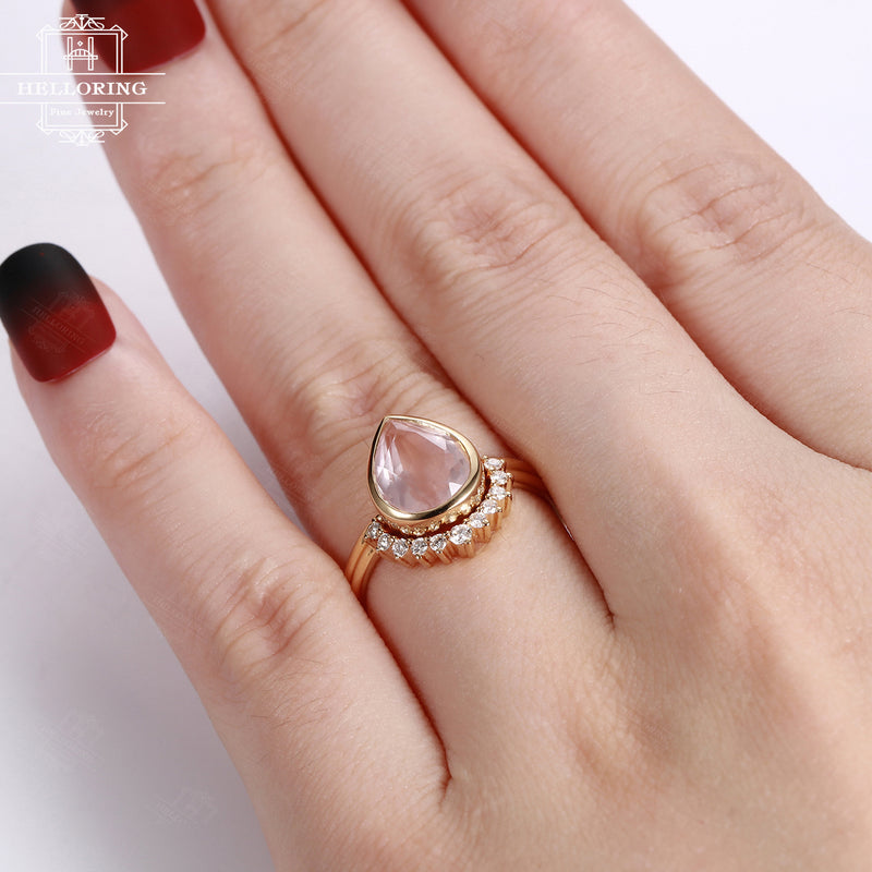 Rose quartz engagement ring Rose gold Diamond wedding band Women Curved Chevron Pear shaped cut Bridal set Jewelry Anniversary gift for her