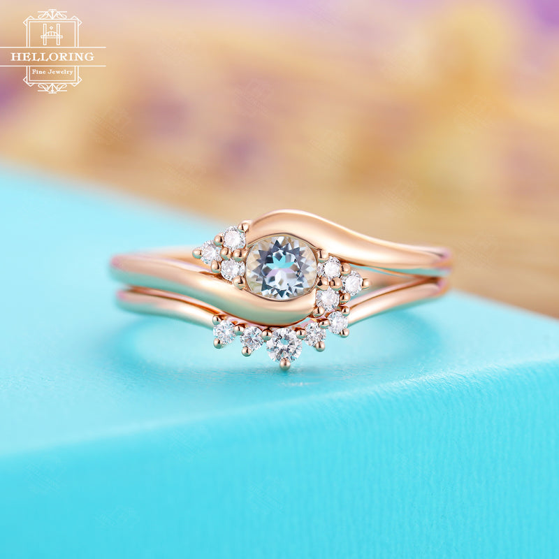Aquamarine engagement ring,Rose gold wedding ring Women, diamond stacking wedding band ,Bridal Jewelry Birthstone Anniversary Gift