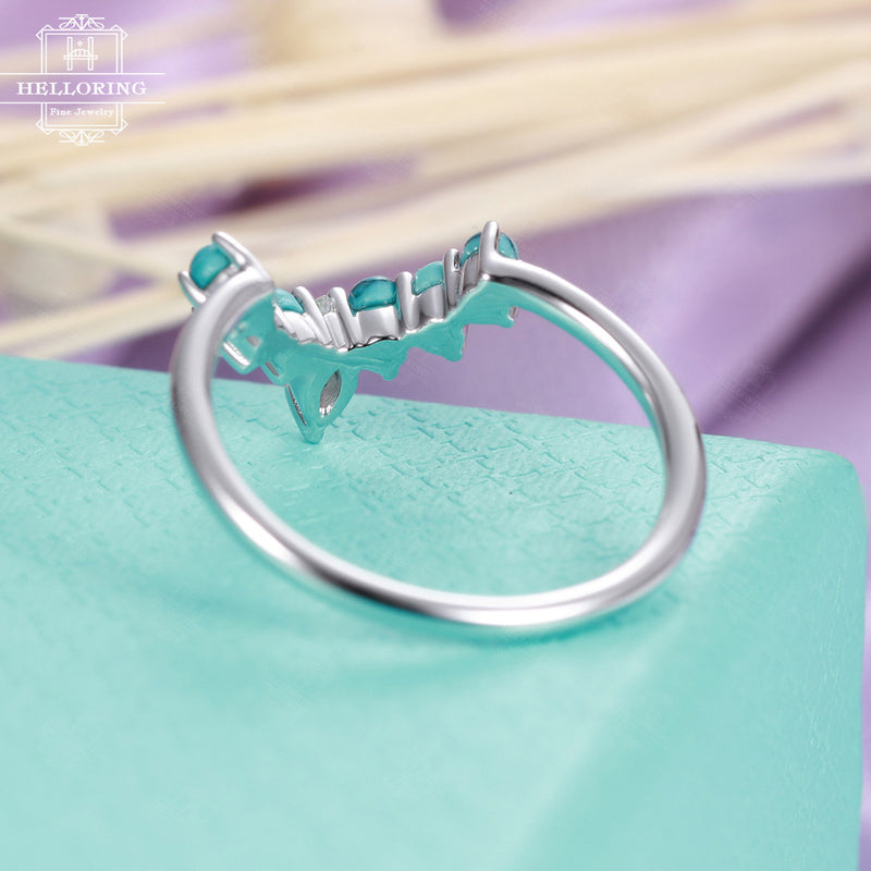 Curved wedding band with a pear shaped diamond and Turquoise in solid 14k white gold Matching Stacking Unique Promise Jewelry Gifts for her