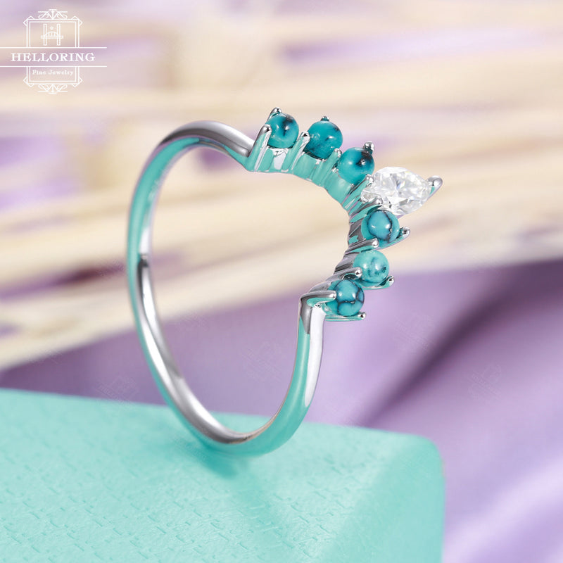 Curved wedding band with a pear shaped diamond and Turquoise in solid 14k white gold Matching Stacking Unique Promise Jewelry Gifts for her