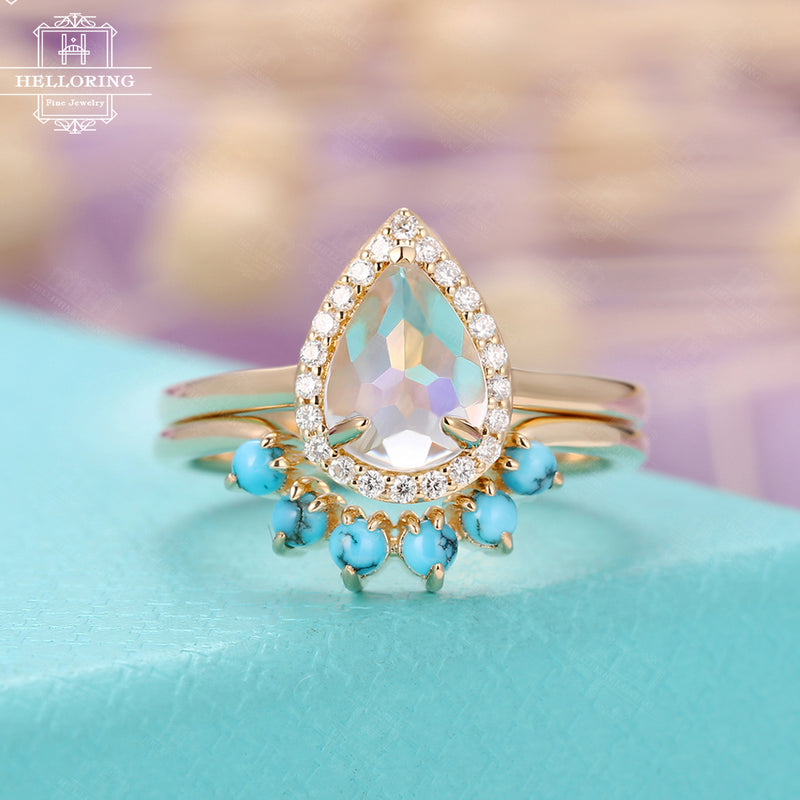 Moonstone engagement ring set, Gold, Rose gold,pear shaped, halo diamond Curved Turquoise wedding band women Anniversary gift for her