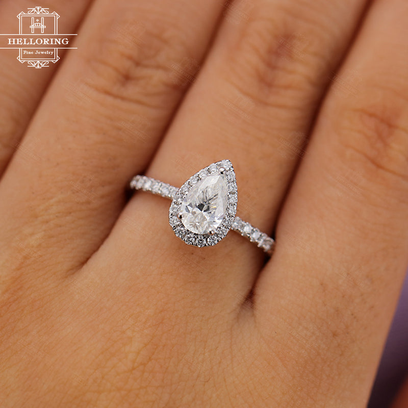 Moissanite engagement ring White gold Women Wedding Pear shaped Halo set Diamond Unique Jewelry Gift for her Anniversary Half eternity Band