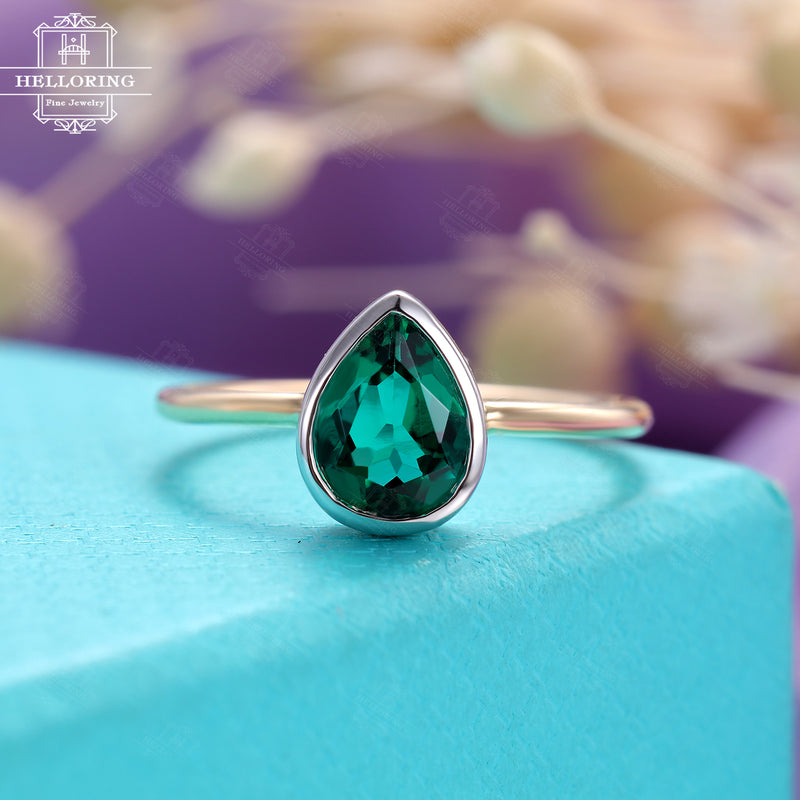 Emerald Engagement Ring 14K gold Vintage Pear Shaped wedding ring Curved Diamond Bridal set jewelry Stacking Anniversary gift for her