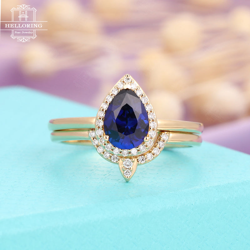 Sapphire Engagement ring Pear shaped engagement ring Women Vintage Wedding Antique Unique Halo Diamond Bridal set Jewelry Anniversary gift