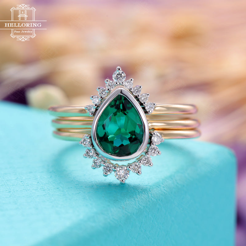 Emerald engagement ring set women Diamond wedding band white gold two tone ring Pear shaped cut Curved Chevron Stacking Unique gift for her