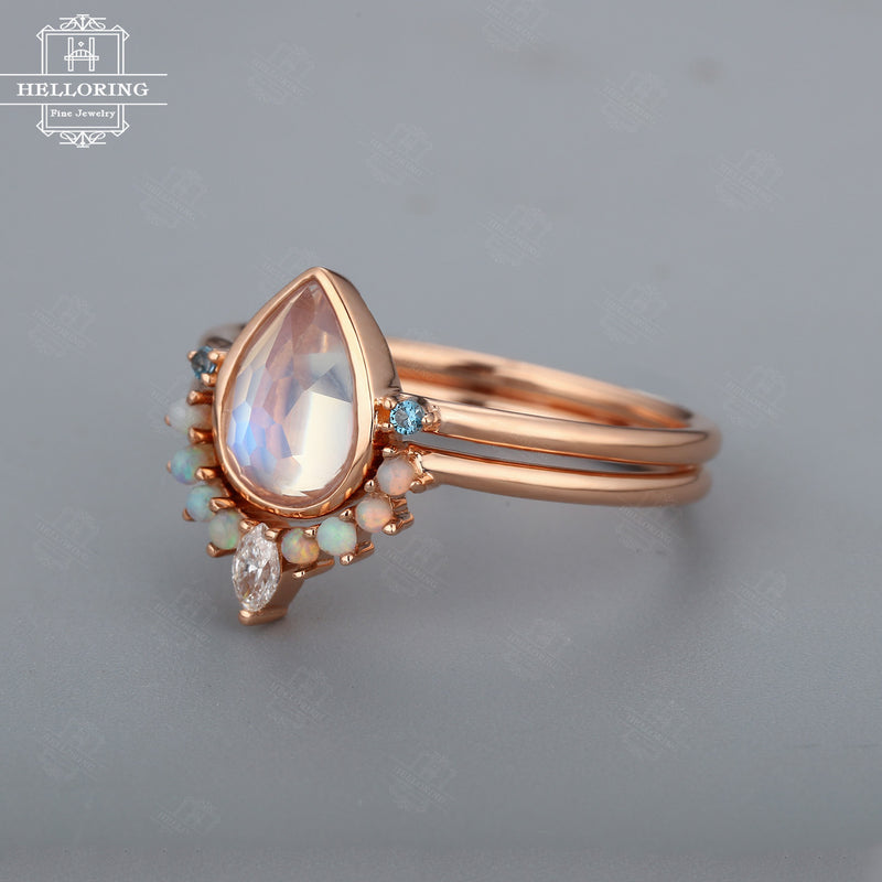 Moonstone Engagement ring set Rose Gold, Pear shaped wedding ring women, Marquise cut Diamond Topaz Opal Band, Bezel set handmade jewelry
