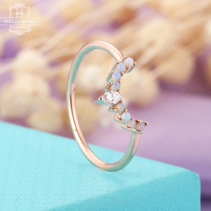 Curved wedding band rose gold women Marquise cut diamond Opal Unique wedding Jewelry Prong set Stacking Matching Anniversary gifts for her