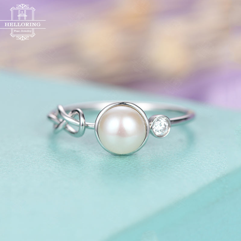 Pearl engagement ring Unique engagement ring Women Wedding Diamond Knot Bridal Jewelry Birthstone Matching Promise Anniversary gift for her