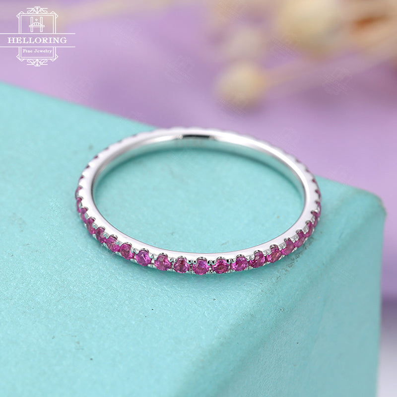 Pink Sapphire Wedding Band women Full Eternity Stacking ring simple Sapphire Jewelry Birthstone Pave Anniversary Everyday matching band