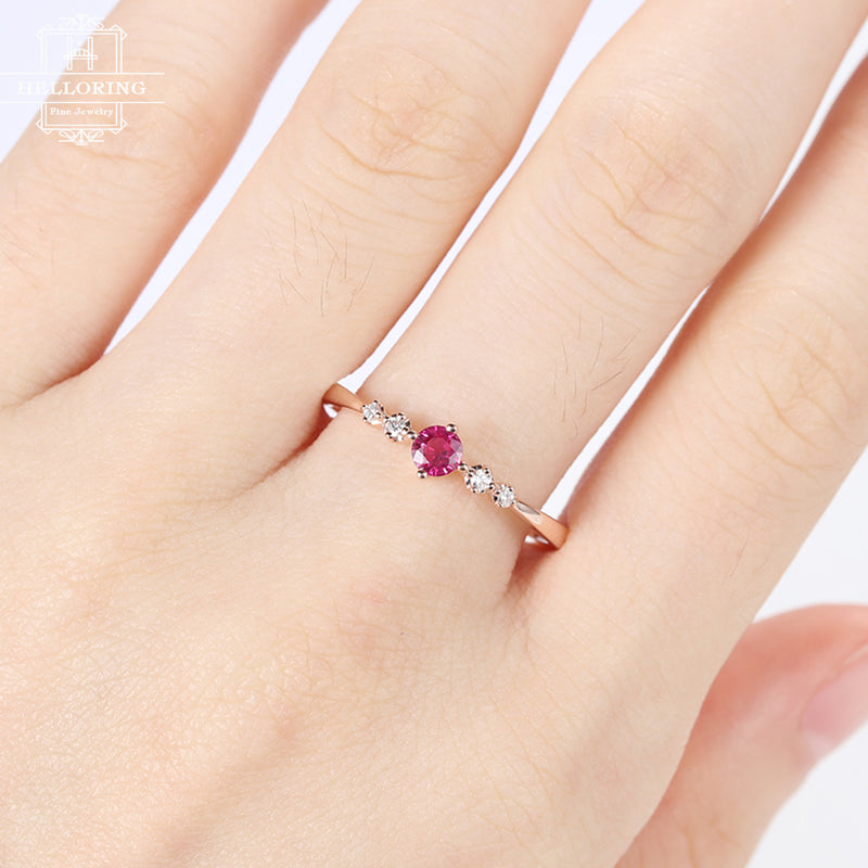 Rose Gold ruby engagement Ring diamond Unique delicate matching simple jewelry women Anniversary Bridal set gift for her Promise ring