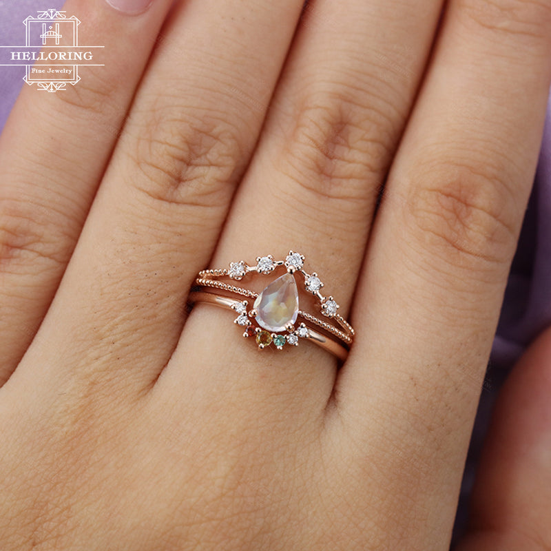 Moonstone engagement ring Rose gold Curved wedding band Women Diamond Birthstone Unique Pear shaped Anniversary gift for her Personalized