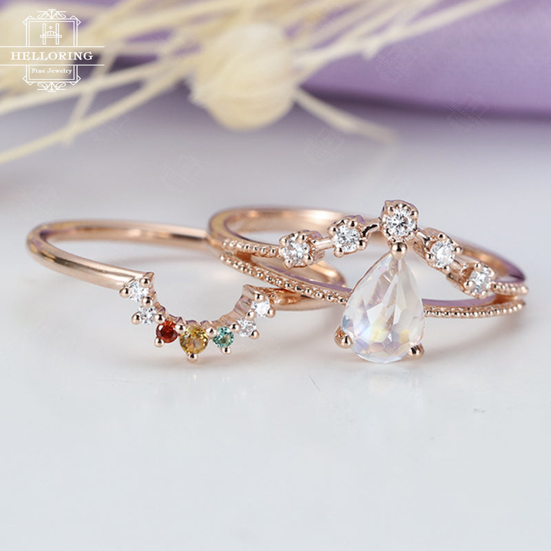 Moonstone engagement ring Rose gold Curved wedding band Women Diamond Birthstone Unique Pear shaped Anniversary gift for her Personalized